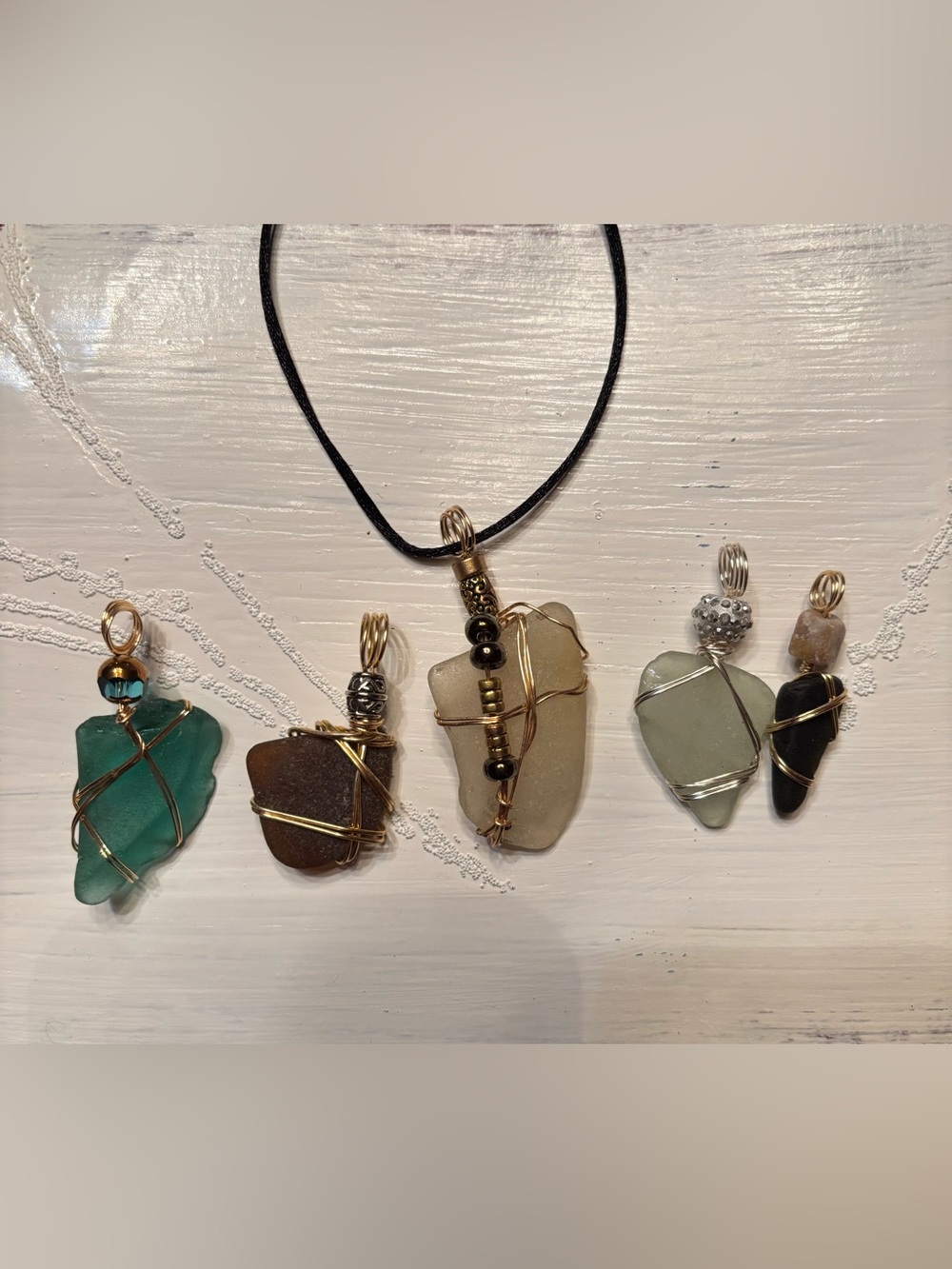 Handcrafted Sea Glass Wire-Wrap Pendant Necklace - Neutral